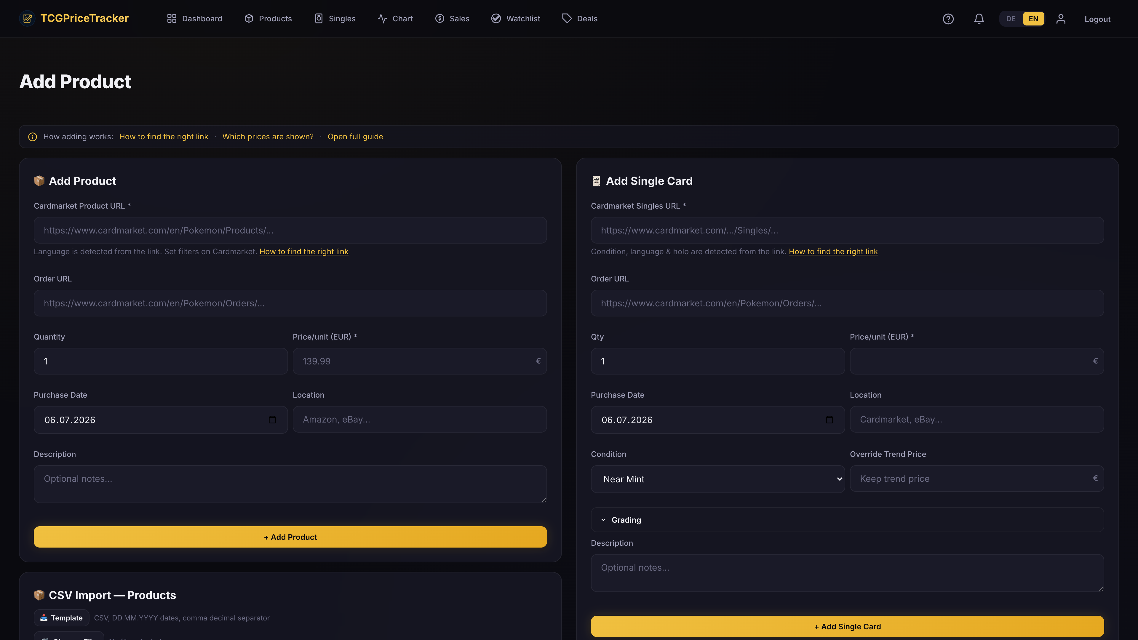 Adding a Lorcana card in TCGPriceTracker by pasting its Cardmarket link: language, condition and trend price are filled in automatically (example data)