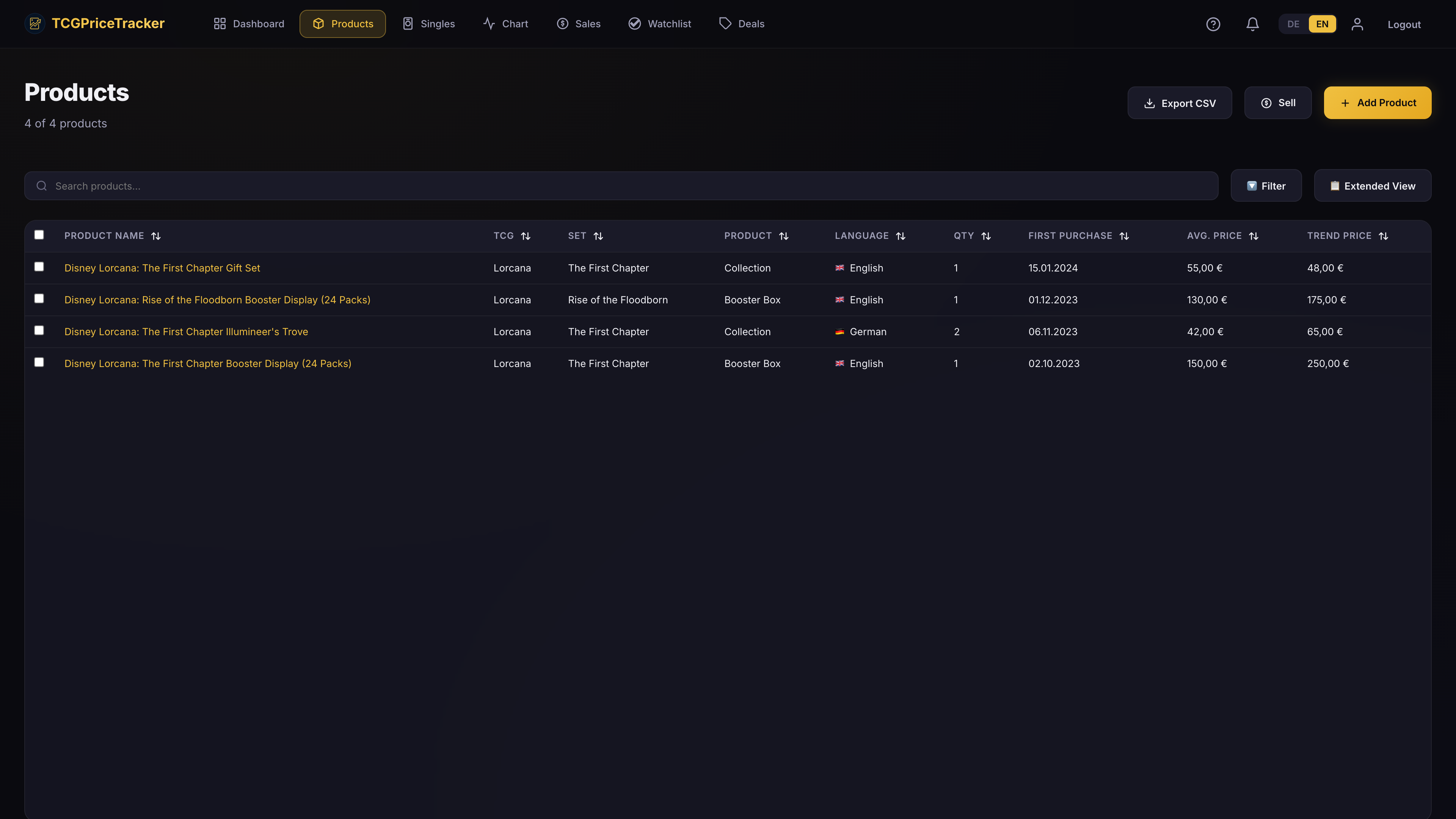 Products view in TCGPriceTracker: sealed products from several sets with their current values (example data)